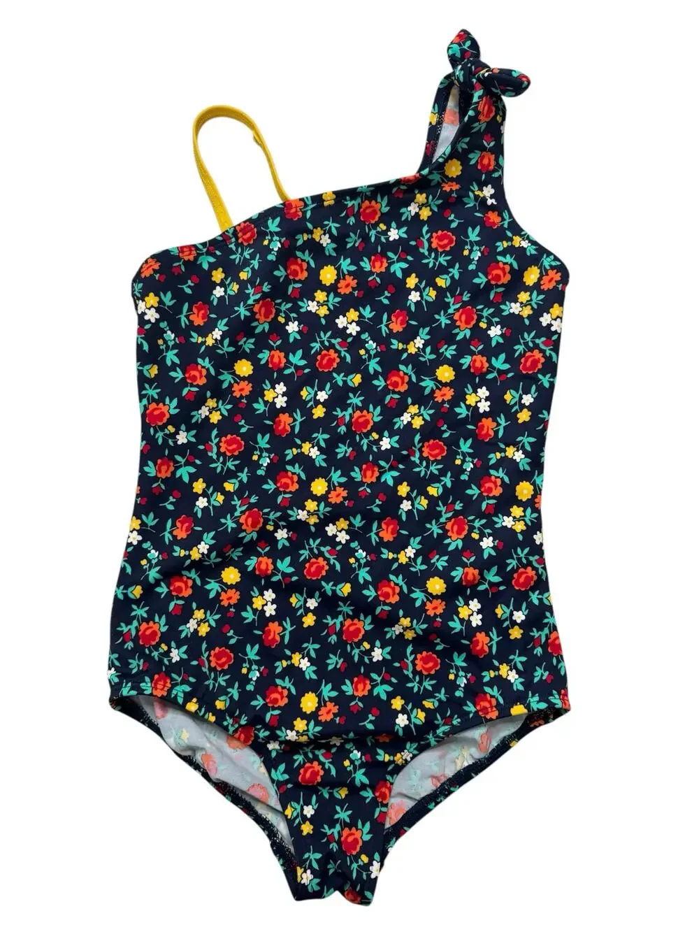 LANDS END Navy Floral Bow One Piece Girls Swim Suit Size 7 Red Yellow Strap